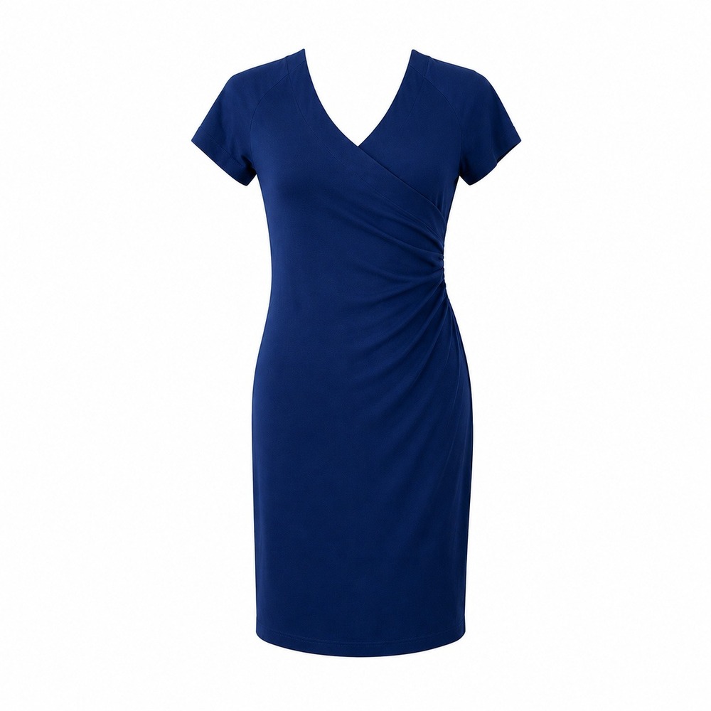 Soft Surroundings Dress Navy Blue Cotton Knit Faux Wrap Sheath Small Work Casual